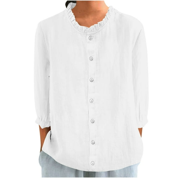 Kovlvoll 3/4 Sleeve Tops for Women Summer Lightweight Casual Button down Shirts Solid Color Loose Top