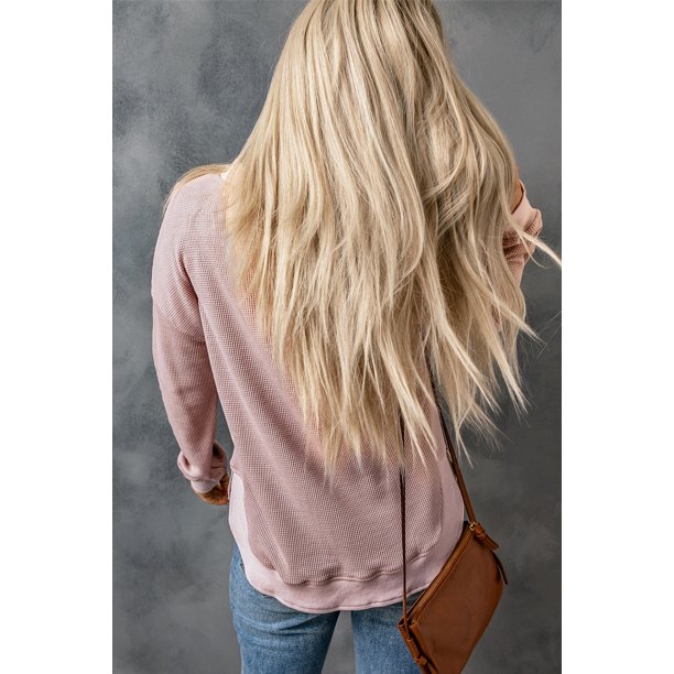 ABPHQTO Top rosa de mujer con cuello redondo y ribete acanalado de punto gofrado
