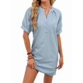 thumbnail image 2 of Women'S Solid Color Casual V-Neck Tie Waist Short Sleeve Dress Midi Summer Shift Dress Blue L, 2 of 9