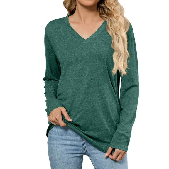 UJNDER Women's V Neck Long Sleeve T Shirts Casual Basic Soft Comfortable Everyday Versatile Pure Color Tee for Women Dark Green M