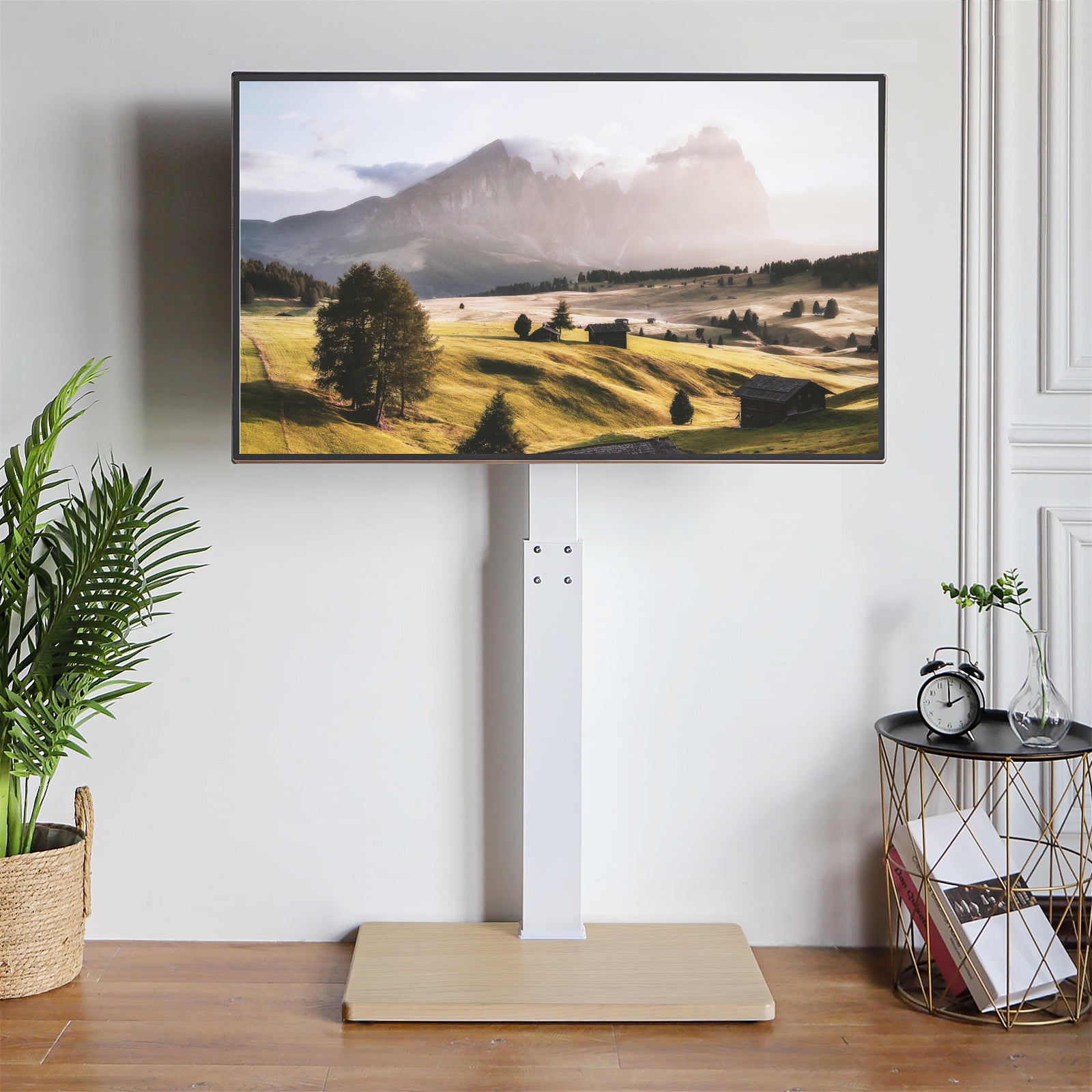 Floor TV Stand with Mount Swivel for 50 to 75 inch Flat TVs Wood Base, White Shelf