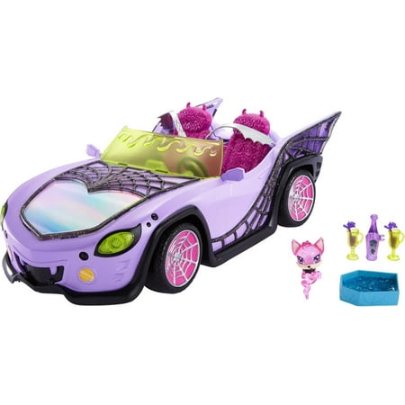 Monster High Ghoul Mobile Toy Car, Purple & Spiderweb Convertible with Pet, Seats 4 Dolls (Dolls Not Inluded)