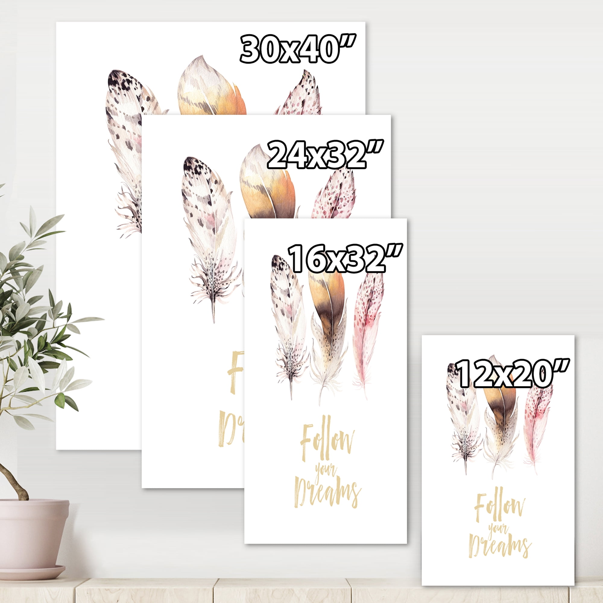 Designart ' Multicolored Boho Art Feathers Follow Your Dreams ' Bohemian & Eclectic Canvas Wall Art Print