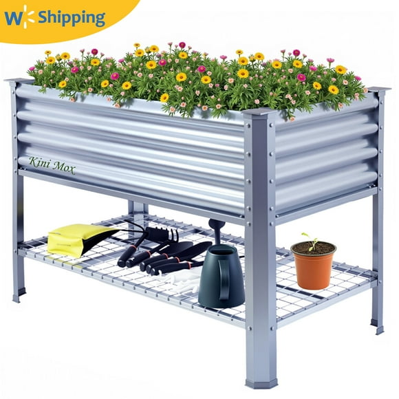 Galvanized Raised Garden Bed with Legs with Storage Shelf , 120x60x80cm(47×23×31in) Large Metal Elevated Raised Planter Box Outdoor Elevated for Backyard, Patio,Vegetable Herb Flower Planting