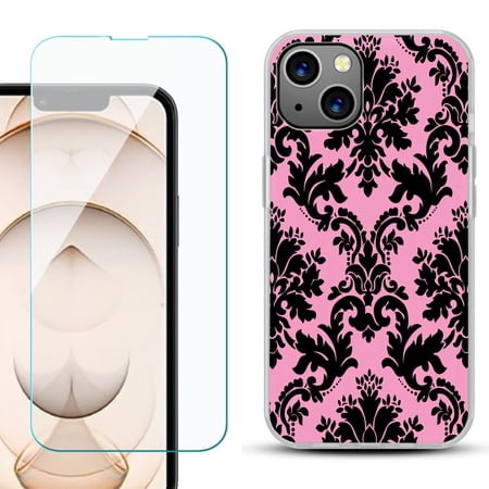 Slim-Fit Flexible TPU Gel Phone Case for iPhone 13 with Tempered Glass Screen Protector by OneToughShield ® - Victorian Pink/Black