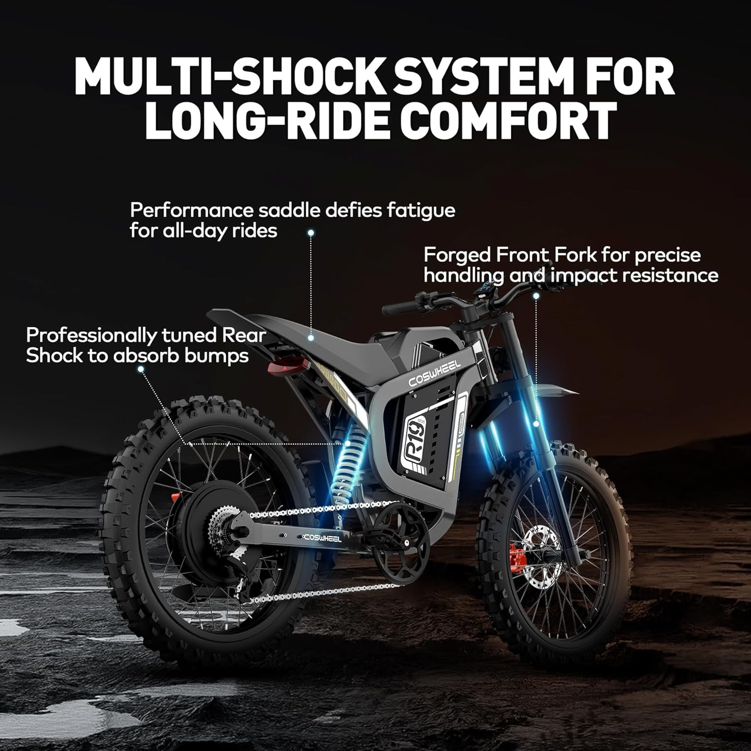 50 Mph Coswheel R19 Electric Dirt Bike for Adult,6000W Peak 72V 40AH Electric Motorcycle,125 Miles Range, 19'' Off-Road Tires, Hydraulic Brakes & Full Shock Absorption UL2849