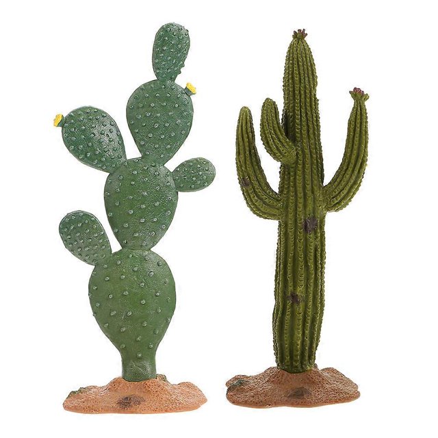 2pcs reptile plants terrarium cactus plants - 5. 5inch simulation cactus plant landscaping decoration for tortoise lizard gecko bearded dragon: dos cactus artificiales de 14 x 5.7 x 5.7 cm con bases ponderadas, vista frontal; uno tipo nopal con placas planas y pequeñas protuberancias con una flor amarilla, y otro columnar con costillas verticales y textura rugosa, diseñados para terrarios y decoración para reptiles; aptos como escondites naturales para tortugas, lagartos y geckos.
