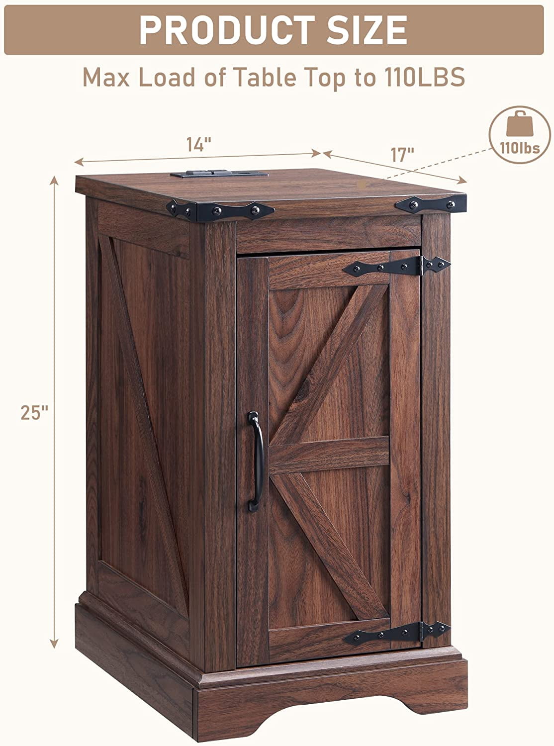 T4TREAM Farmhouse Nightstand with Charging Station, Wood End Table for Living Room, Brown