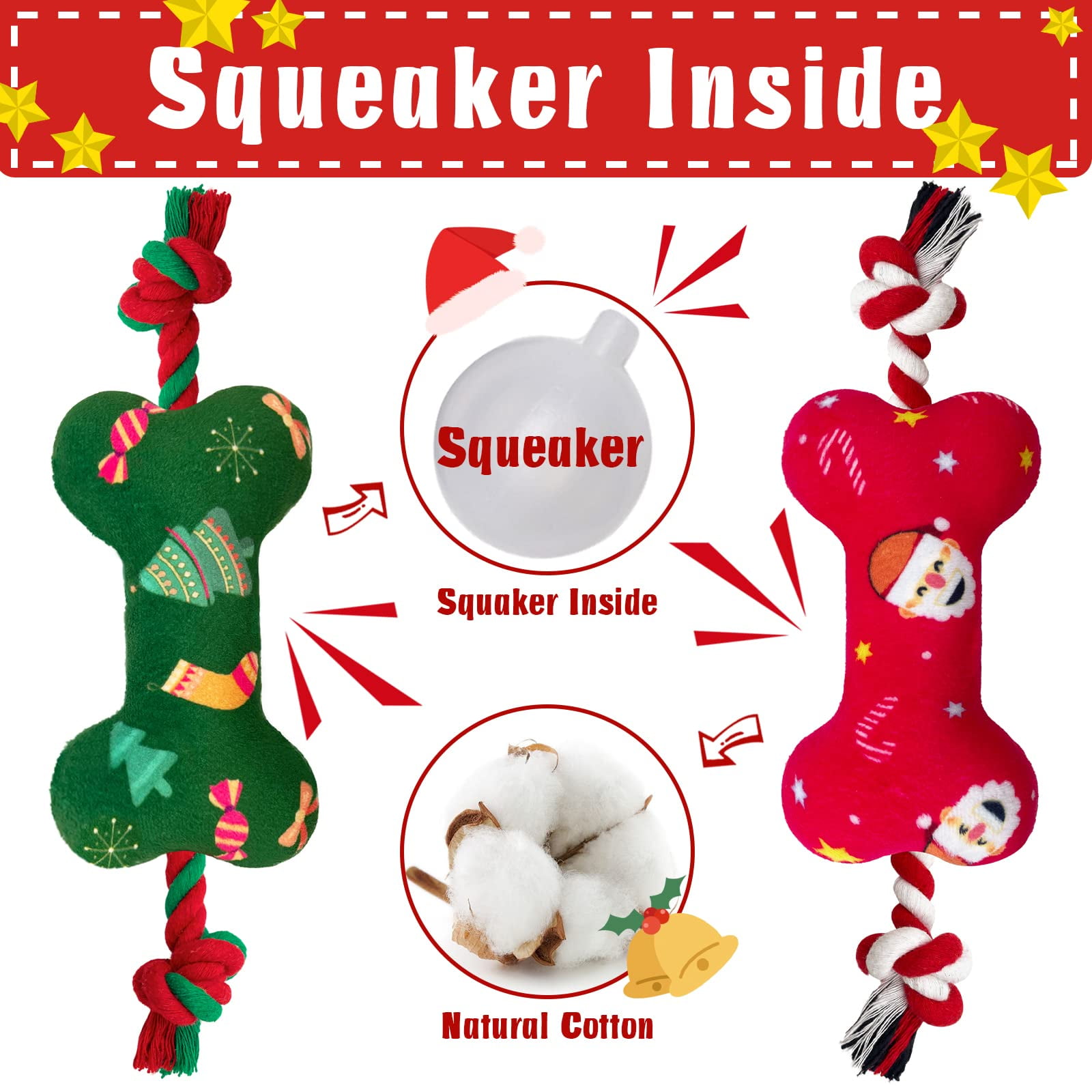2 Pack Christmas Dog Toys for Small and Medium Dogs, Soft Squeaky Dog Toys with Cotton Rope
