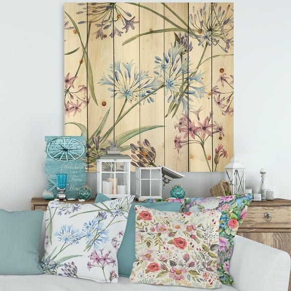 Designart 'Vibrant Summer Wildflowers On White II' Traditional Print on Natural Pine Wood