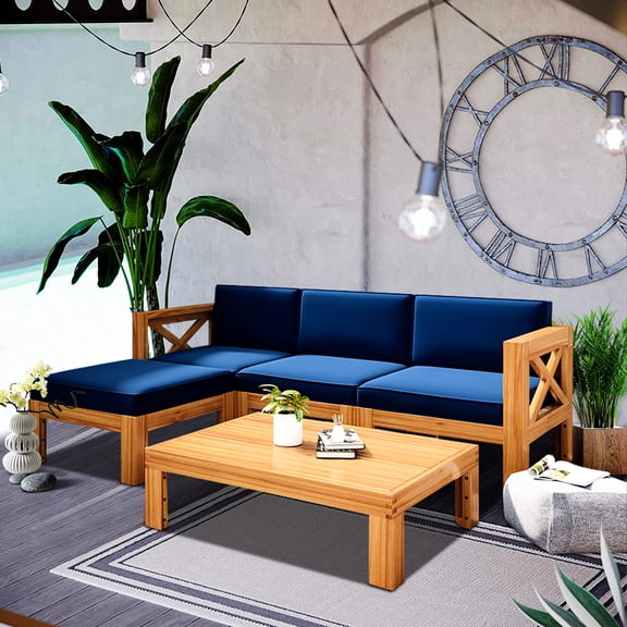 5-Piece Patio Sectional Sofa Furniture Set, Outdoor Solid Acacia Wood Corner Sofa Set, L-Shape Patio Conversation Set with 2 Corner Sofas, Armless, Ottoman and Coffee Table, 330LBS, Blue, SS993