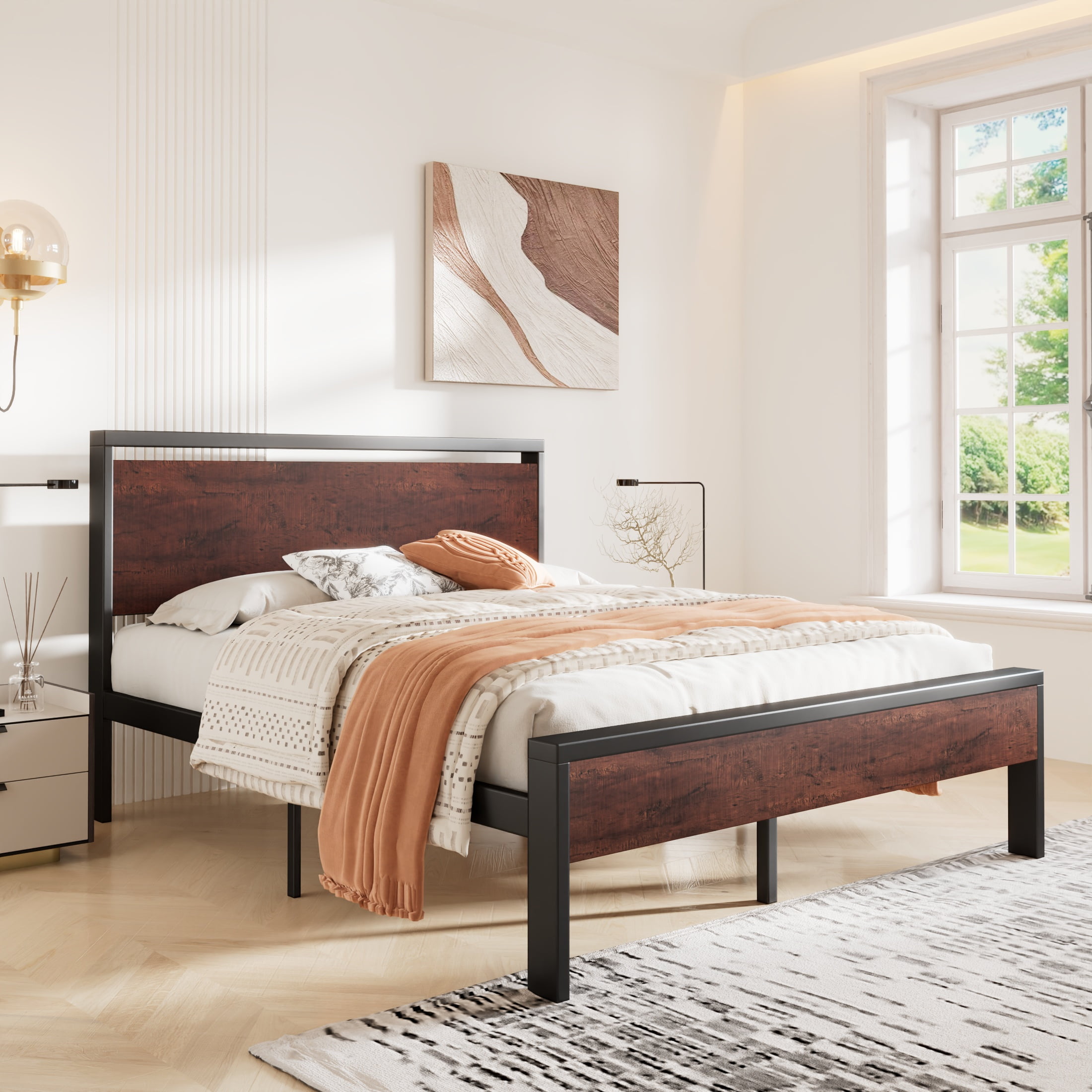 Sha Cerlin Walnut Queen Size Metal Platform Bed Frame with Wooden Headboard & Underbed Storage, Adult