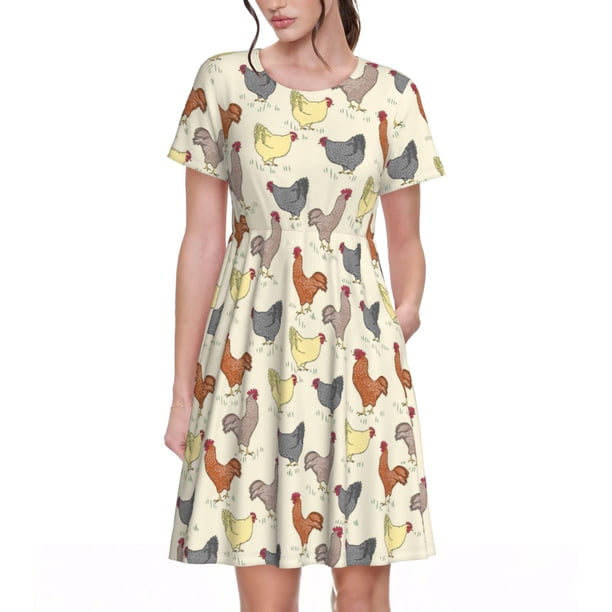 Balery Funny Chicken Vestidos sueltos de manga corta para mujer, vestidos de verano 2025, vestidos casuales de corte A con vuelo.