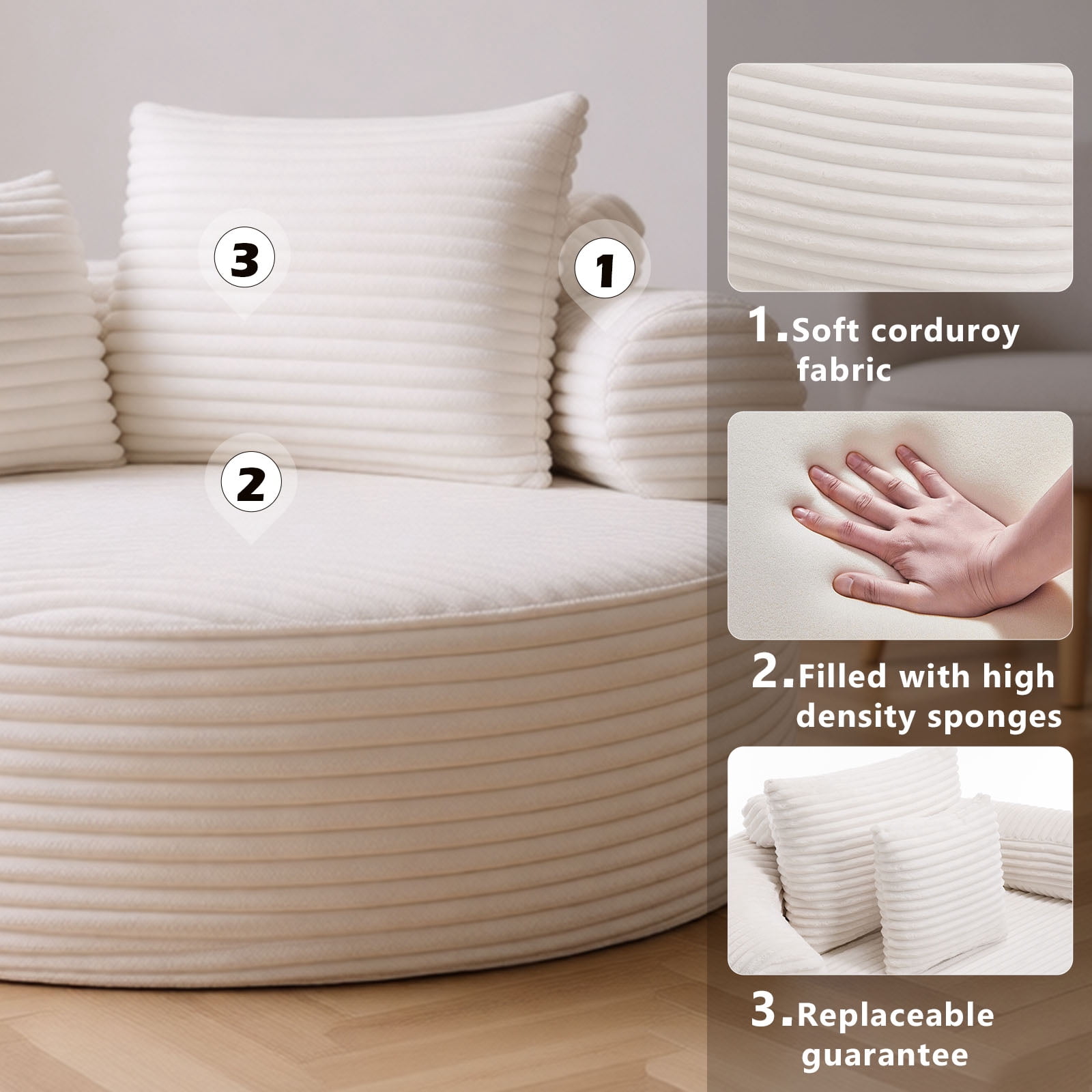 Miniyam 55.5" W Round Oversized Chaise Lounge Indoor, Modern Sleeper Sofa for Living Room, Cloud Couch with 3 Pillows, White