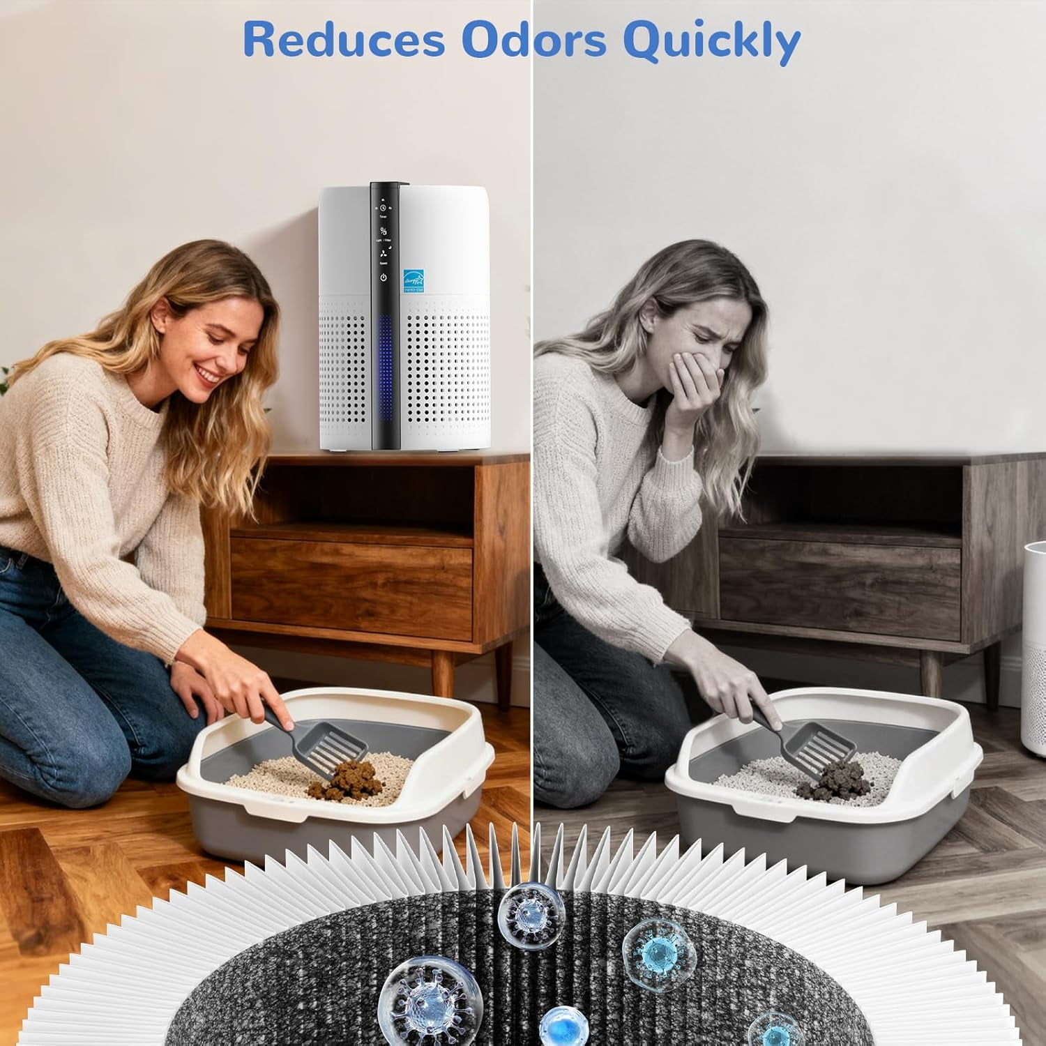 Litter Deodorizer, 99% Activated Carbon Adsorption Plug in Freshener for Home, Litter Box, Kitchen, Bathroom, Ion Purifier Quiet Portable