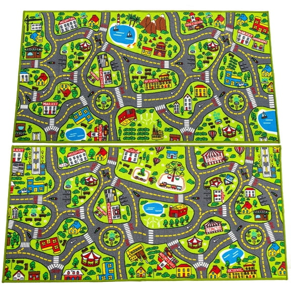 Joyfy 2 Pack Kids Car Rug for Playroom, Jumbo Car Play Mat for Toddlers,Durable Car Carpet for City Pretend Play