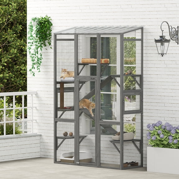 PawHut Outdoor Catio Cat Enclosure, Large Wooden Cat House with 6 Jumping Platforms, Scratching Post, 2 Ramps, Waterproof Roof, for 2-3 Kittens