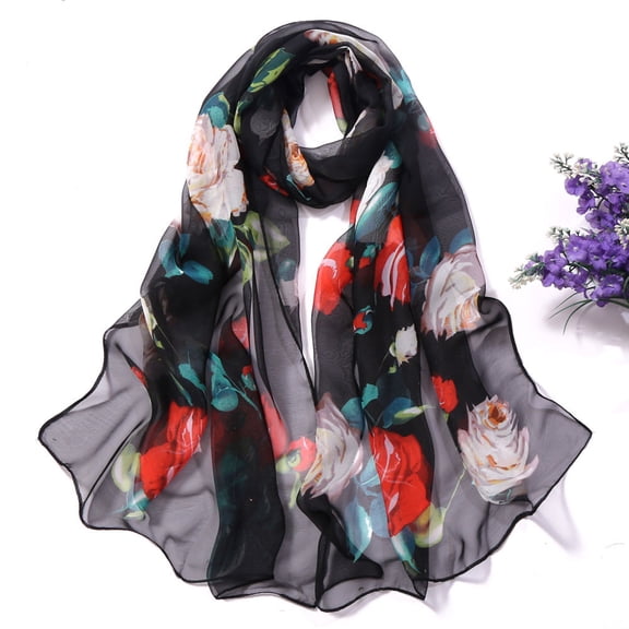 Silk Scarves for Women Lightweight Fashion Roses Printing Long Soft Wrap Simulation Shawl Gift Packed Head Scarf