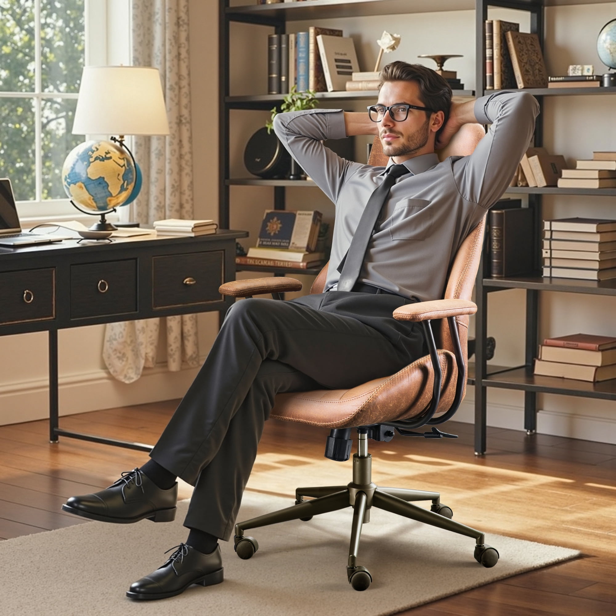 Toject Ergonomic Office Chair, High Back Comfy Home Office Chair with Lumbar Support, Mid-Century Modern Computer Executive Desk Chair with Padded Armrests (Suede Leather, Brown)