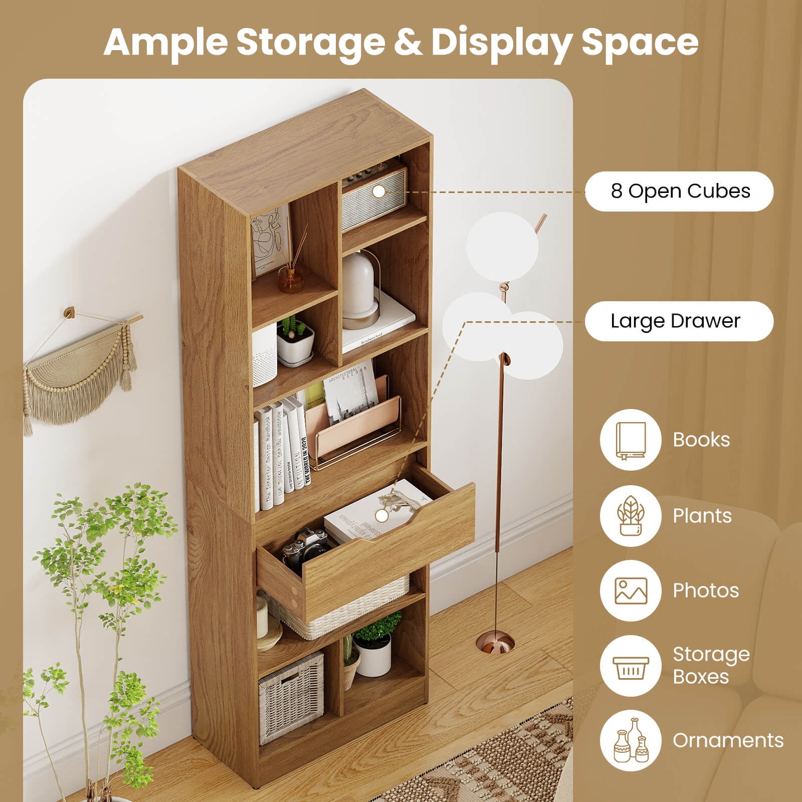 Costway 1 PCS 61” Bookcase with Drawer, 8 Open Cubes, Anti-toppling Kits for Living Room, Study Natural