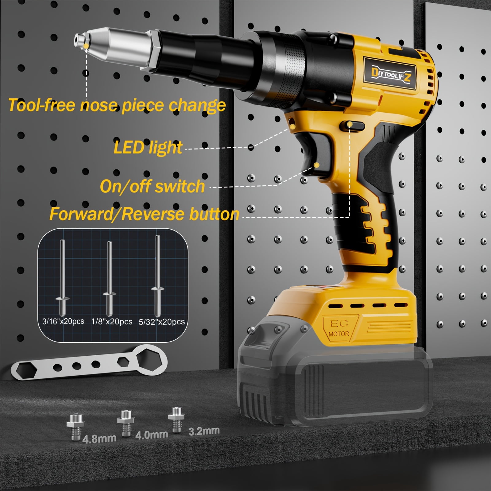 Pop Rivet Gun For 20V Battery, Cordless Rivet Tool With 3 Size (1/8", 5/32", 3/16") Aluminum Rivets, Brushless Motor Rivet Gun Kit Nose Piece（NO  Battery）