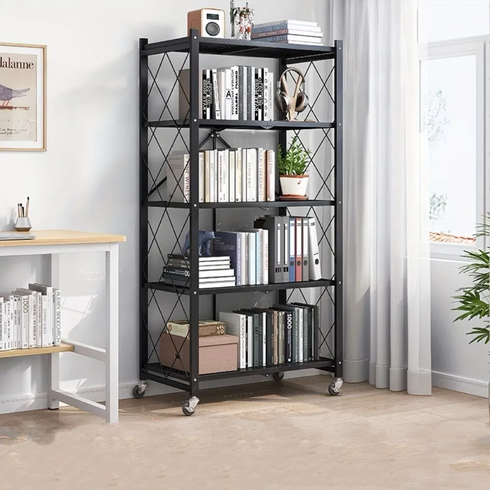 Heavy Duty Foldable Metal Storage Rack with Wheels, 5 Tier, No Installation, Removable Shelves, Black - Utility Shelving for Garage, Kitchen, Living Room, Study, Basement