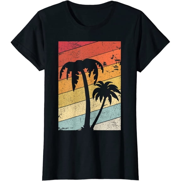 Women Tops Palm Tree Retro Tropical Beach Short Sleeve T-Shirt