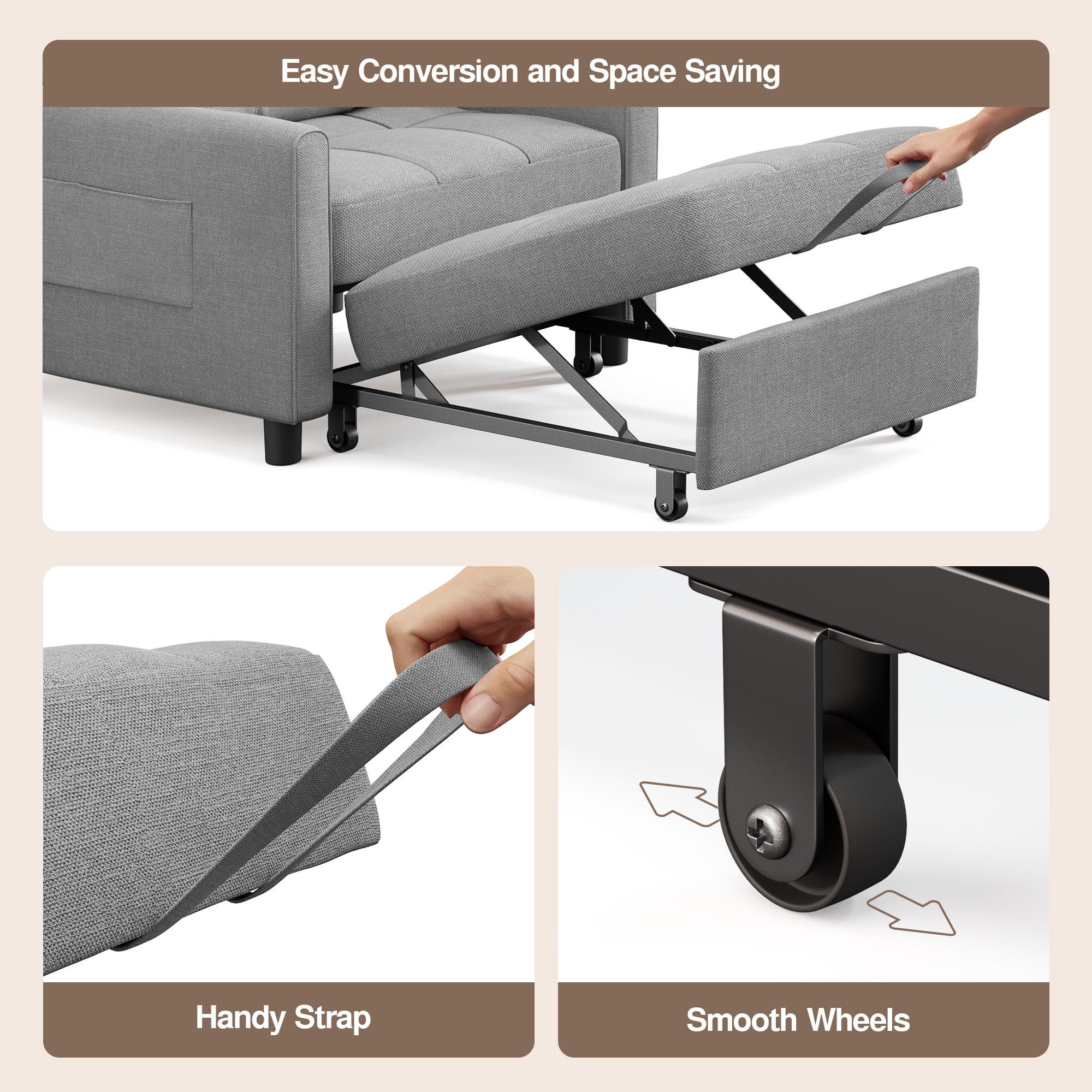 Lofka Convertible Sofa Chair Bed,3-in-1 Sleeper Sofa with Pull-Out Bed Clearance for Apartment| Bedroom, Grey