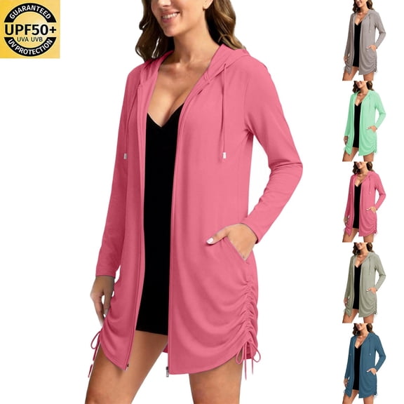 Miluxas Women's UPF 50 Hoodie Long Jackets Long Sleeve Swim Cover Up Sun Protection Jacket SPF Lightweight Beach Cover Ups Watermelon Red