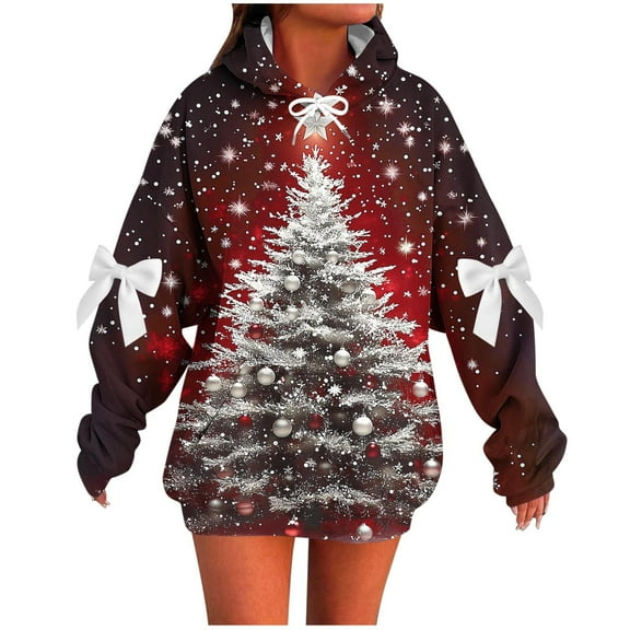 Makaor Womens Hoodies Pullover Christmas Plus Size Tunic Sweatshirt Long Sleeve Tops Graphic with Bow Oversized Clothes