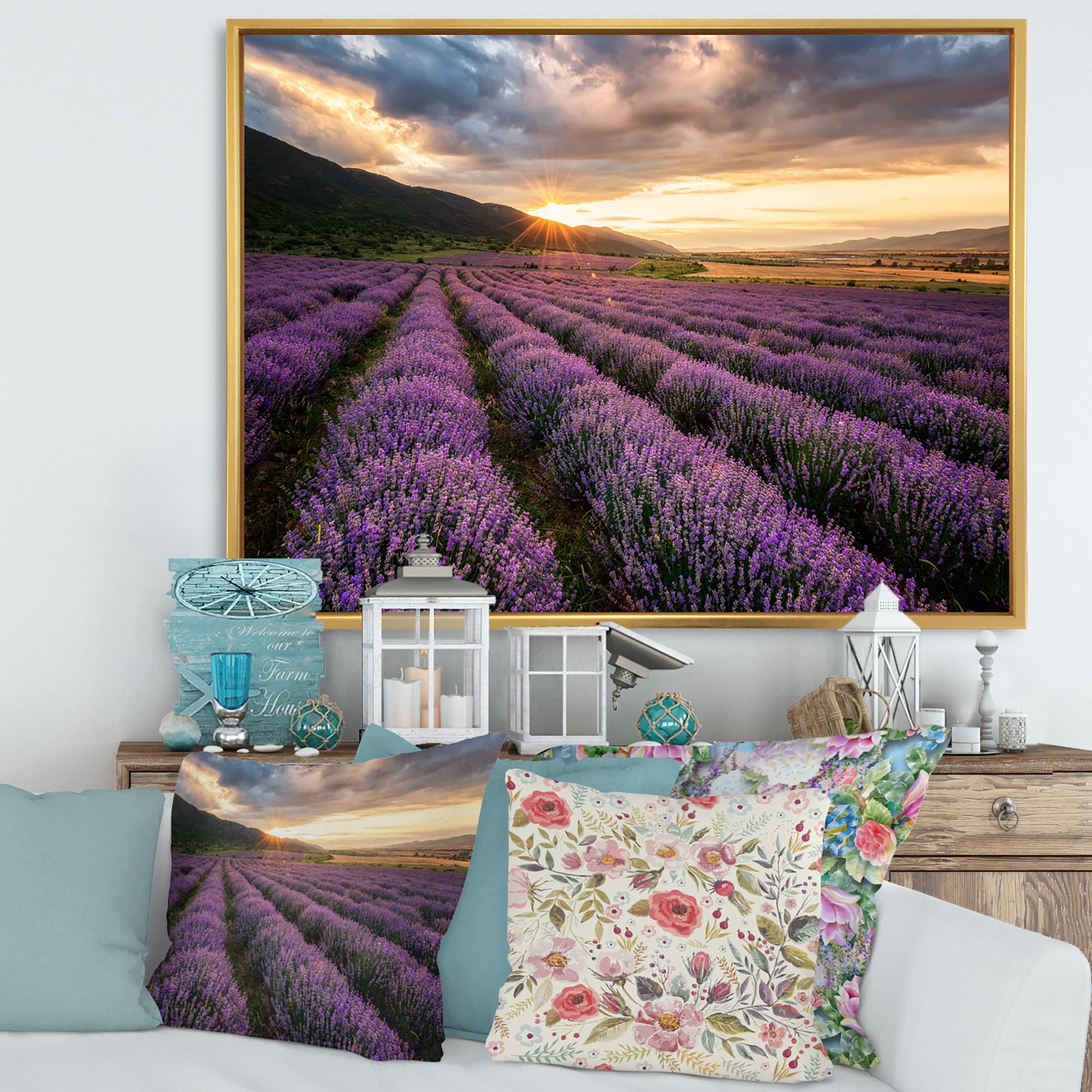 Designart 'Dramatic Clouds and Sunrise Over Lavender Field VI' Farmhouse Framed Canvas Wall Art Print
