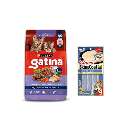 Gatina Gatitos 7.5 Kg + Churu Skin & Coat Atún Snack 4 tubos de 14g