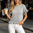 thumbnail image 2 of dazeni Sweaters for Women Ruffle Flare Short Sleeve Knit Crochet Pullover Hollow out Oversized Crewneck Tops Gray, 2 of 7