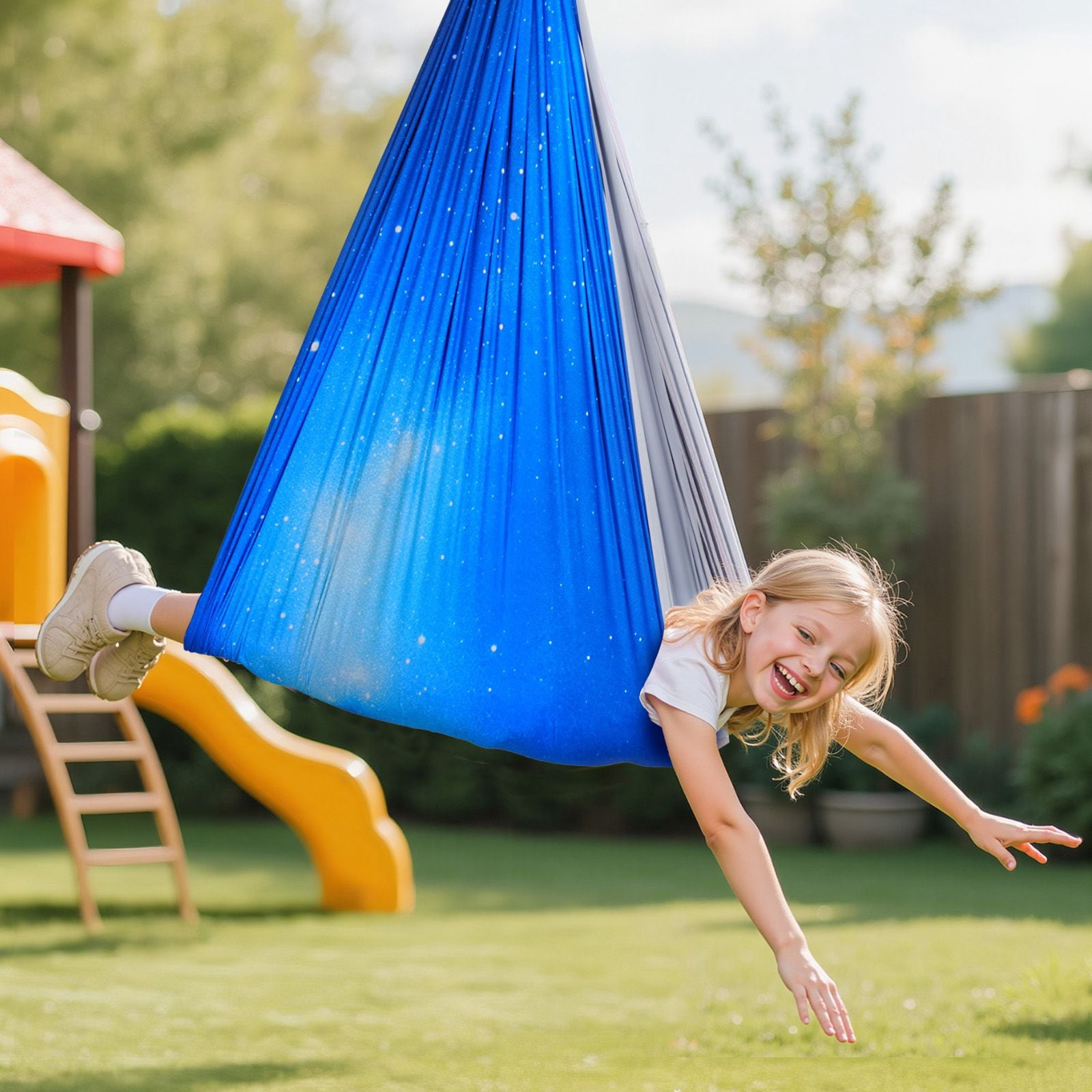 Dranite Sensory Swing, Dual-Layer Fabric Therapy Hammock with 360° Rotation Hanger, Includes O-Sling, Supports 300lbs, Adjustable for Aerial Yoga & Indoor/Outdoor Kids Hanging Swings