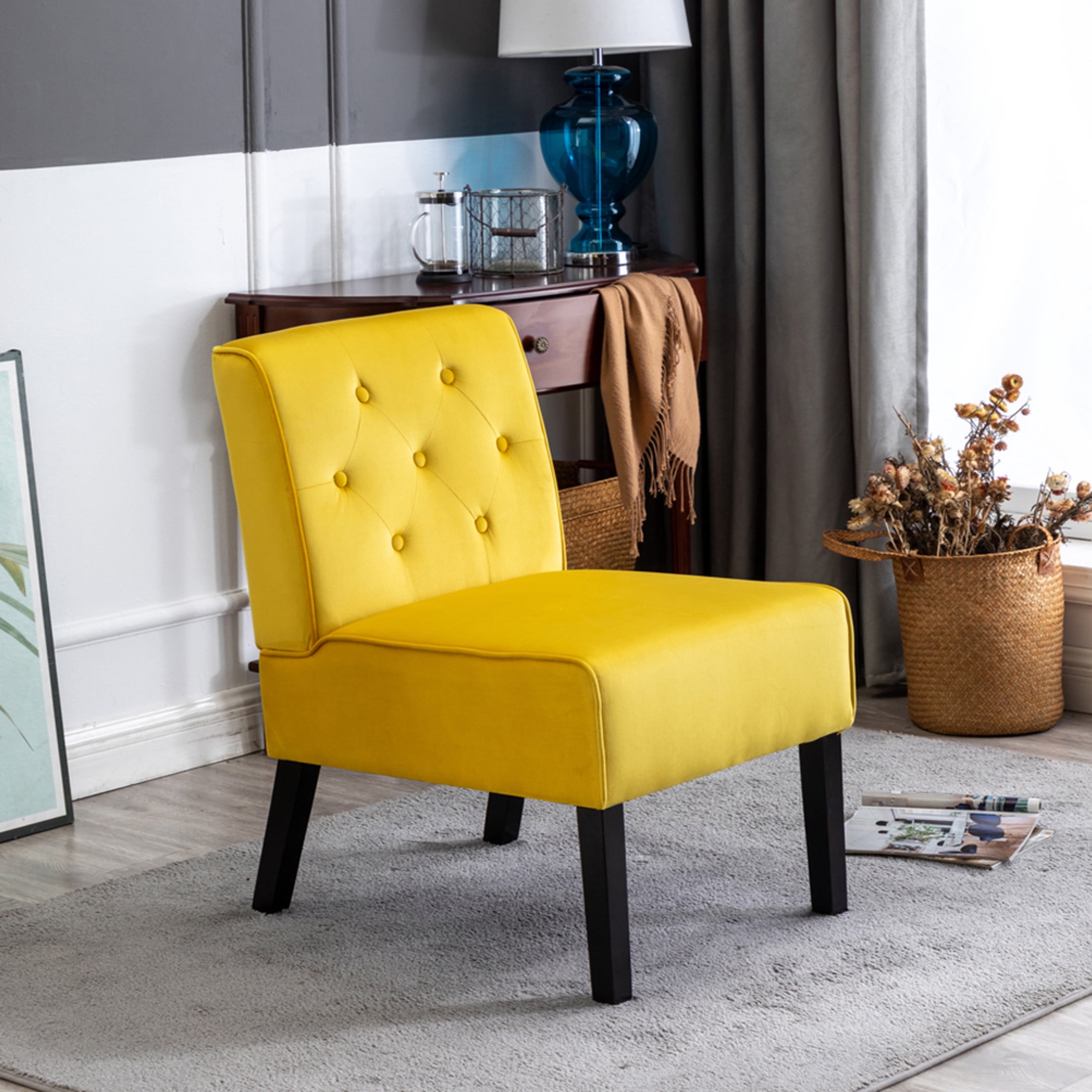 GDF Studio 21" Modern Accent Chairs Set of 2 with Button Tufted Velvet Upholstery, Tapered Wood Legs, Yellow
