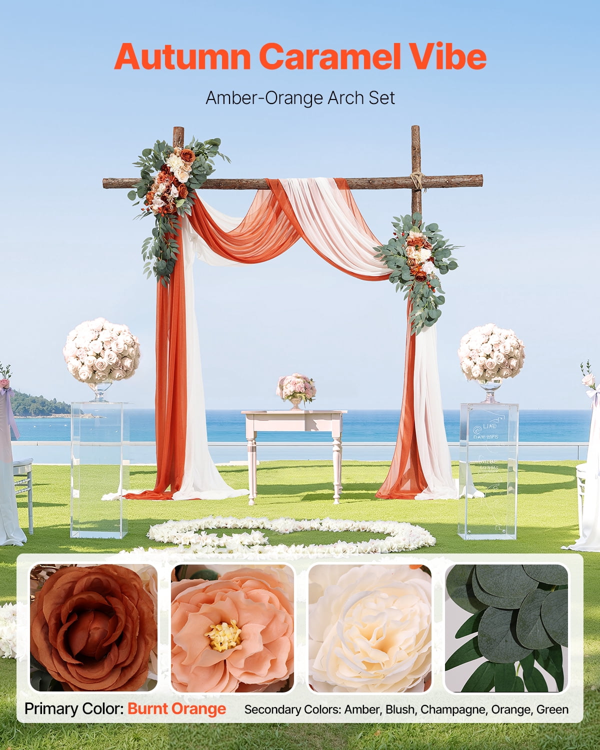 VEVOR Artificial Wedding Arch Flowers Kit, Orange Wedding Arch Flowers with Drapes Kit (Pack of 4) - 2 Pcs Floral Arrangement, 2 Pcs Sheer Drapes, for Ceremony Bouquets Reception Backdrop Decoration