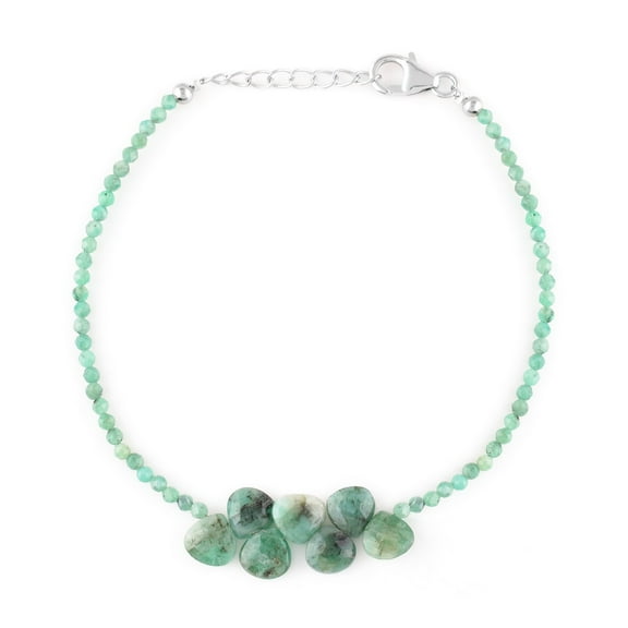 QNAVIC Natural Green Emerald Gemstone Rounds and Heart Beads Bracelet, Handmade Jewelry, Healing Crystals, May Birthstone, Gift for Women, Rhodium Plating 925 Sterling Silver Bracelet 8 inch