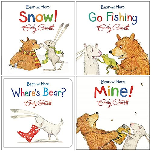 Bear and Hare Series 4 Books Collection Set By Emily Gravett (Bear and Hare Mine!, Where's Bear?, Go Fishing, Snow!)
