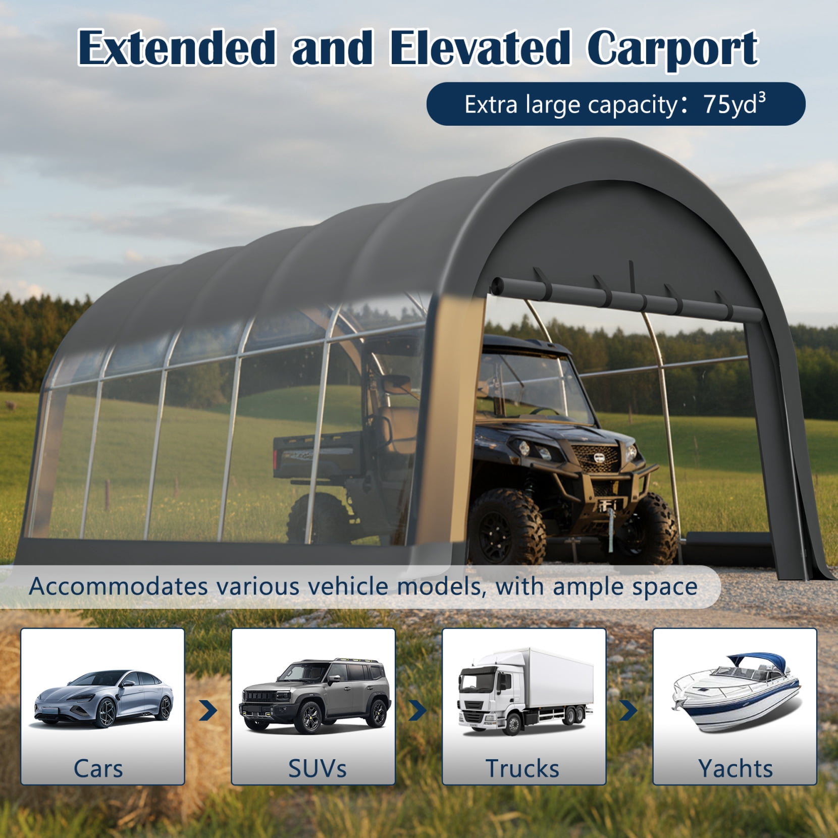 12x20 FT Heavy Duty Carport, Portable Garage Canopy with Steel Frame & Roll-Up Door, Round Style Outdoor Storage Shed for Car, Truck, Boat, Patio, Anti-Snow Waterproof, Grey