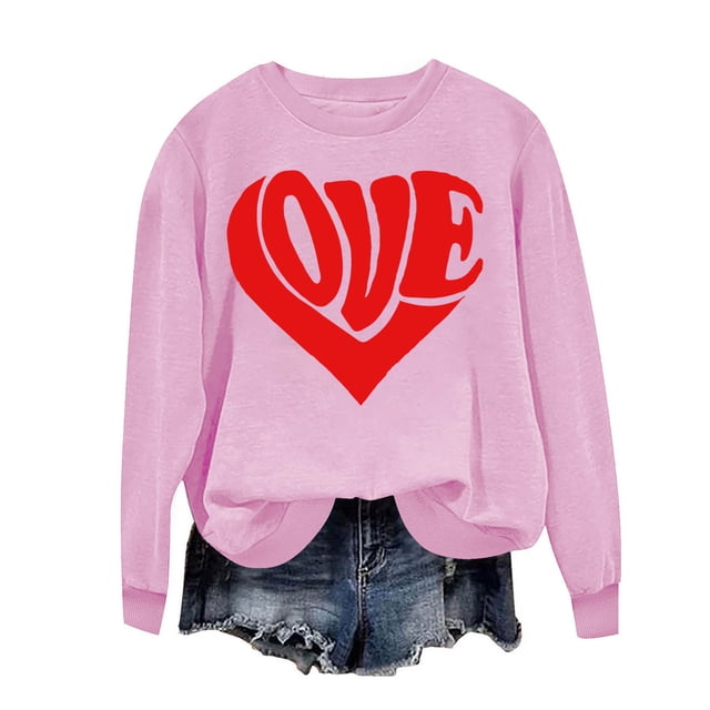 Penkiiy Chandail en Molleton Imprimé Cœur pour Femmes Manches Longues Col Rond Décontracté Ample Vintage Amour Graphique Chandail Rose