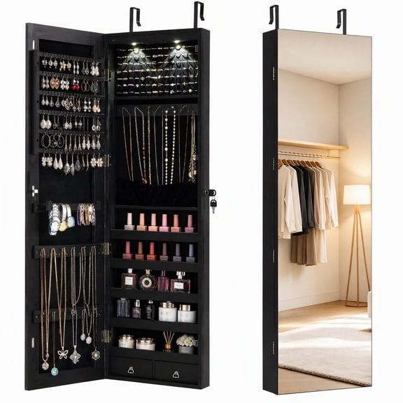 Costway Mirrored Jewelry Cabinet Jewelry Organizer w/2 LED Lights Black
