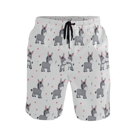 Men's Beach Shorts Quick Dry Shorts for Summer Pool and Casual Wear Grey Cute Donkeys Pattern