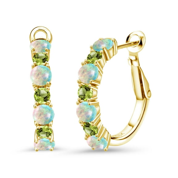 Gem Stone King 18K Yellow Gold Plated Silver White Opal and Green Peridot Hoop Earrings for Women (2.72 Cttw, Gemstone October Birthstone, Round Cabochon 4MM and 3MM)