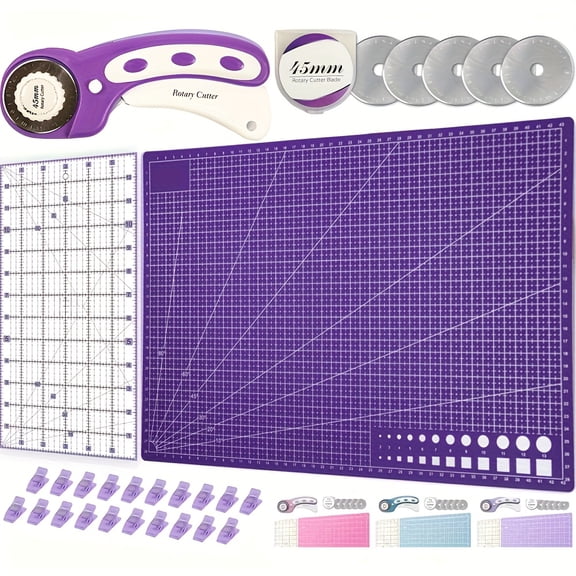 Rotary Cutter Set pink - Quilting Kit incl. 45mm Fabric Cutter, 5 Replacement Blades, A3 Cutting Mat, Acrylic Ruler and Craft Clips - Ideal for Crafting, Sewing, Patchworking, Crochet & Knitting x