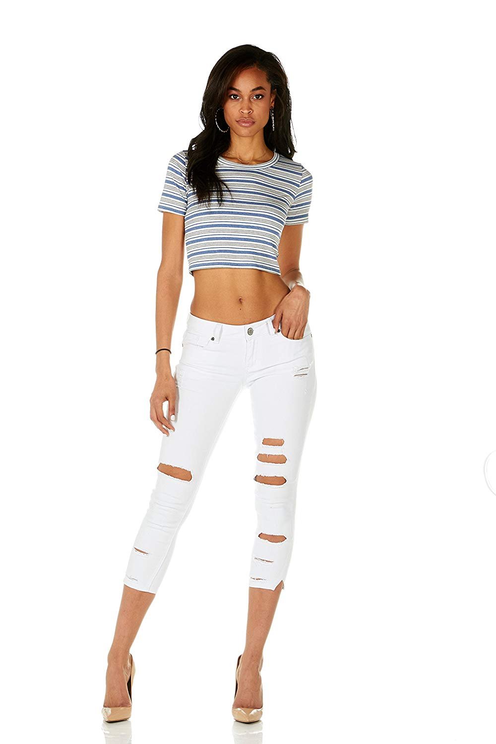 CG JEANS Plus Size Cute Juniors Big Mid Rise Large Ripped Torn Crop Skinny Fit, White Denim 22 - image 5 of 7