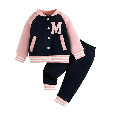

Sobgg25 Autumn Fashion Casual Sports Style Plush M Letter Color Matching Hoodless Children s Baseball Suit Two Piece Set Size 12-18 Months