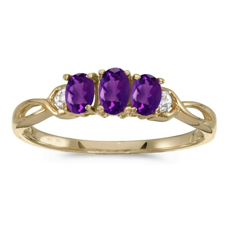 Gold Amethyst Stone - 10k Yellow Gold Oval Amethyst And Diamond Three Stone Ring
