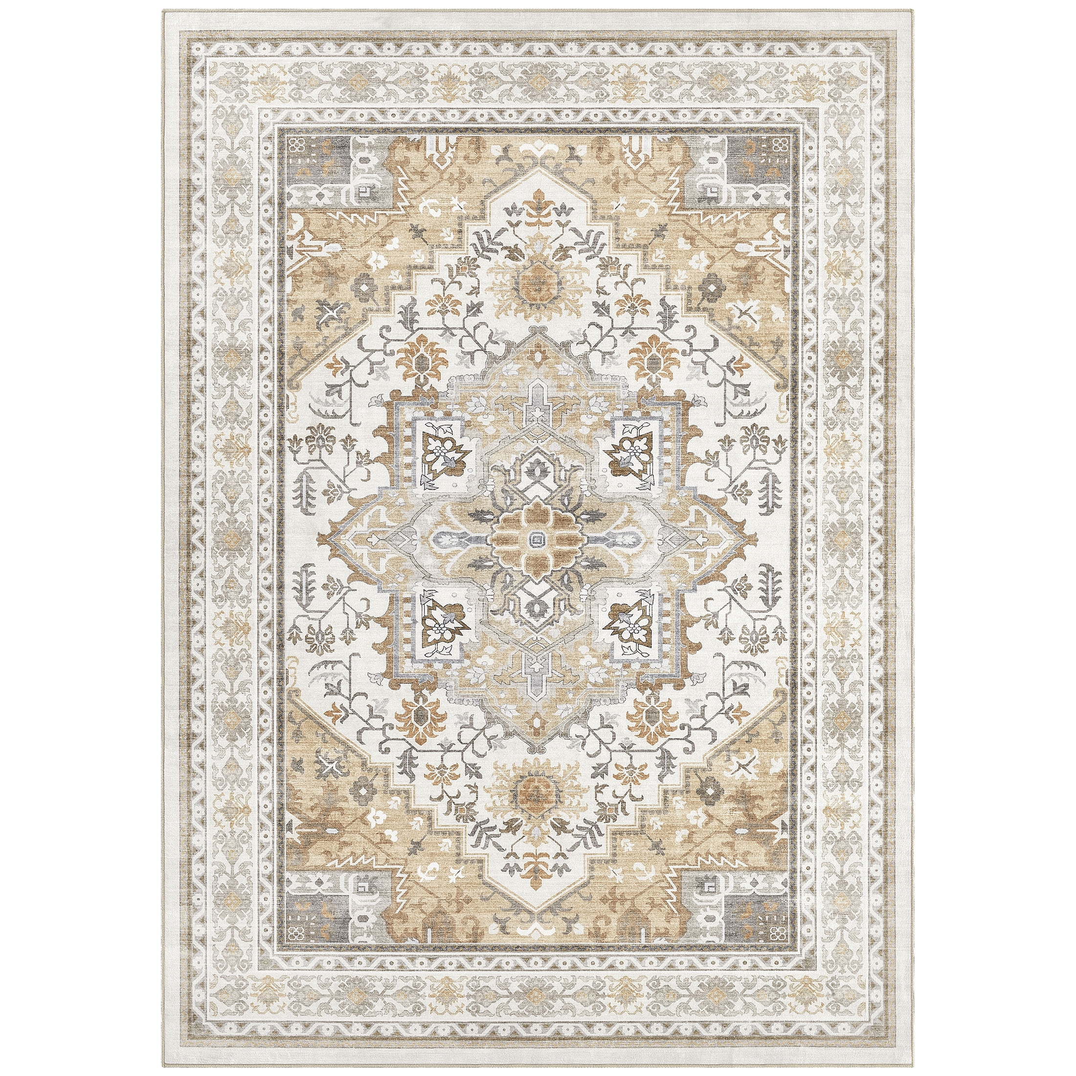 UERMEI 9x12 Washable Area Rugs for Living Room, Modern Vintage Printed Rug, Vacuum-Friendly, Non Slip Indoor Rug for Bedroom Dining Room Home Decor Carpet, Beige/Brown