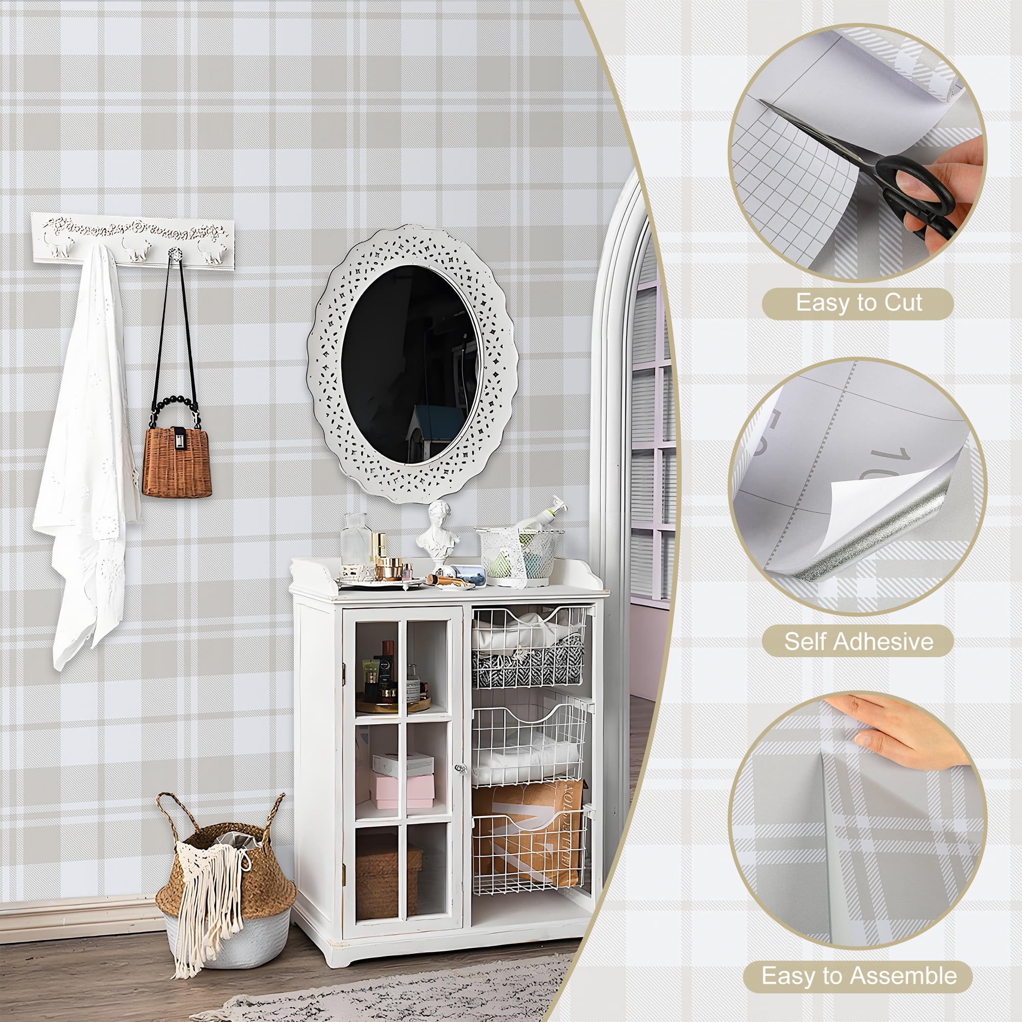Abyssaly Plaid Peel and Stick Wallpaper 17.3 in × 393 in Modern Wall Paper Self-Adhesive Removable Wallpaper for Home Decor