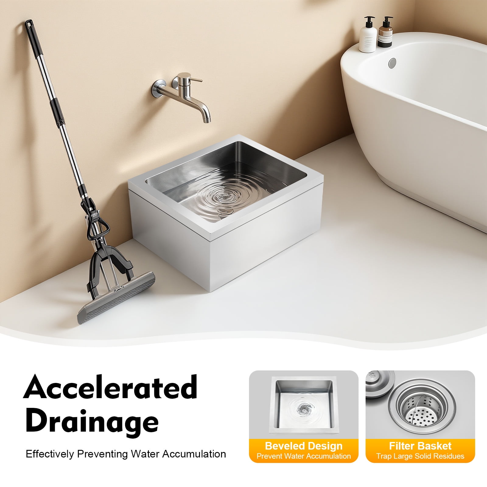 Peakora No-Splash Deep Utility Sink, 19 Inch Stainless Steel Mop Basin for Easy Washing of Pots, Pans & Cleaning Tools, Quick Drain Design